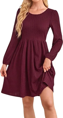 Vista 5 de Zaswen Vestido casual de punto para mujer, cuello redondo, manga larga, acampanado, vestidos de color sólido con bolsillos para primavera y otoño