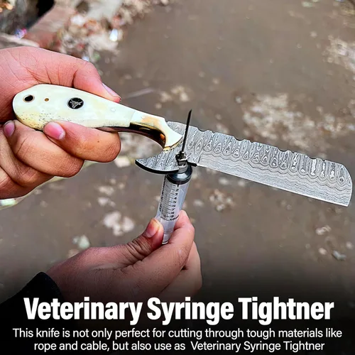 Vista 5 de Cuchillo cortador de toros de Damasco hecho a mano de 8 pulgadas con funda de cuero, cuchillo vaquero occidental para caza, desollar, acampar