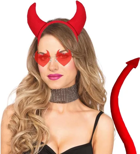 Vista 3 de Conjunto de disfraz de demonio de Halloween, diadema de cuernos de diablo y cola de diablo y cuernos de diablo, lentes de sol de corazón
