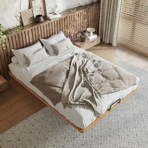 Vista 3 de Bellemave Marco de cama de plataforma de tamaño matrimonial, cama flotante de bambú sólido con soporte de listones de madera para dormitorio Natural
