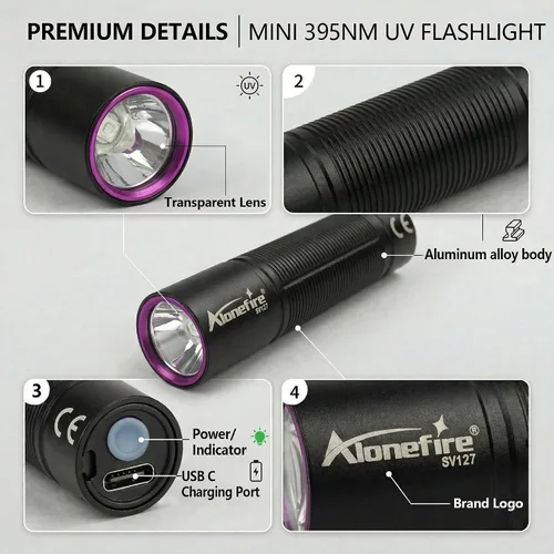 Vista 3 de ALONEFIRE SV127 Mini 395nm Linterna UV USB C recargable Blacklight Woods Lámpara Detector de Dinero Luz Negra para Detetector de Orina de Mascotas