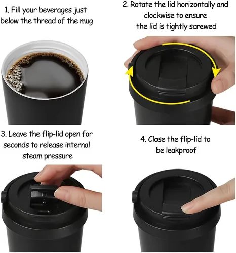Vista 5 de Funkrin Taza de café aislada con revestimiento de cerámica, taza de café helado de 16 onzas con tapa abatible y asa, taza de viaje a prueba de fugas