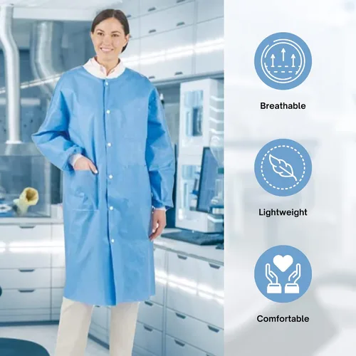 Vista 7 de Abrigos de laboratorio desechables, hasta la rodilla, vestidos desechables SMS, abrigo de laboratorio de química unisex, bata médica desechable