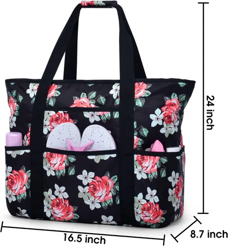 Vista 6 de Becokan Bolsas de playa para mujer, bolsa de playa grande con bolsillos con cremallera, bolsa de playa, impermeable, a prueba de arena, bolsa