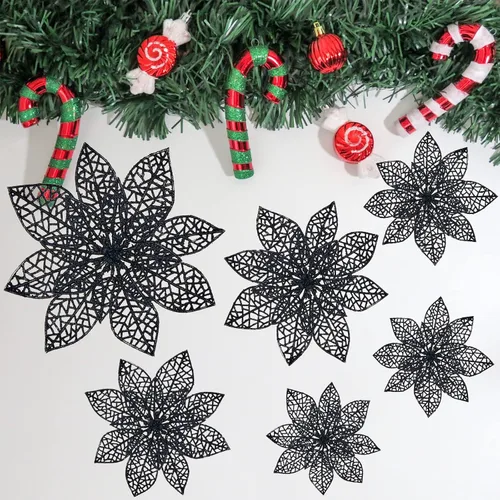 Vista 5 de Wironlst 24 piezas de flores de pascua con purpurina para árbol de Navidad, arbustos de nochebuena brillantes, decoraciones de Navidad para Navidad