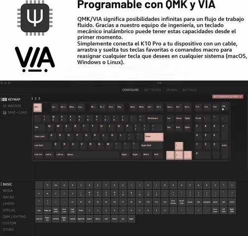 Vista 9 de Keychron K10 Pro QMK/VIA Teclado mecánico inalámbrico personalizado, intercambiable en caliente, tamaño completo, 108 teclas programable Interruptor