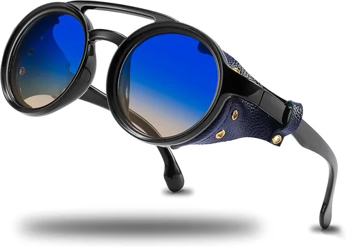 Vista 11 de Technigadgets Finnegan Steampunk - Lentes de sol retro para hombre y mujer, con escudo lateral de cuero, doble puente de plástico, marco de Negro