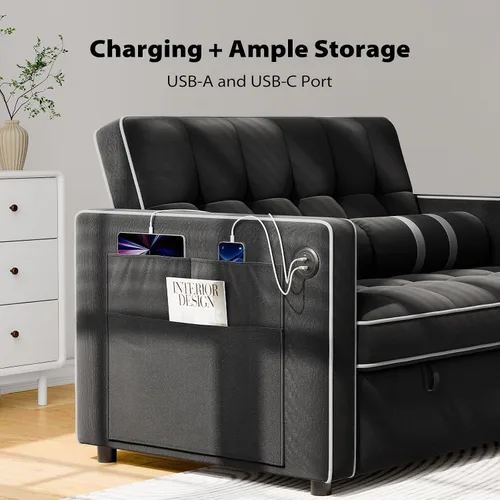 Vista 5 de Pipishell - Sofá cama convertible 3 en 1, sofá cama extraíble para sala de estar con puertos USB y bolsillos laterales, respaldo ajustable, de Negro
