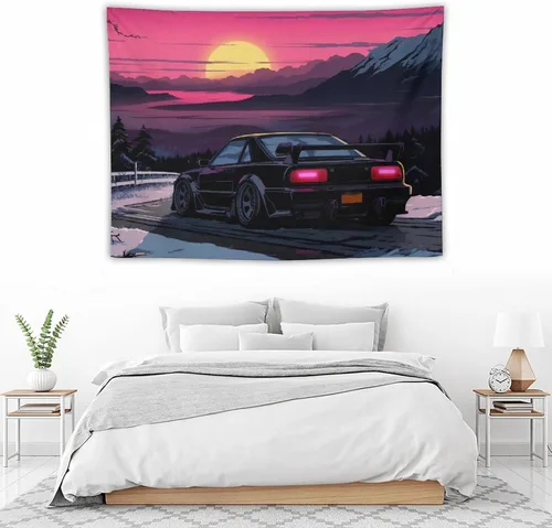 Vista 5 de QEOPGNE Tapiz de pared grande Jdm Anime Sunset Japanese Car S13, tapiz de pared para dormitorio, sala de estar, decoración estética, tapices de 30 x