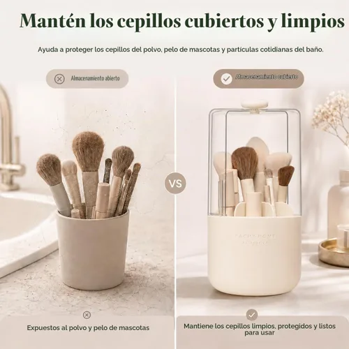 Vista 2 de EACHY Soporte para brochas de maquillaje giratorio de 360° con tapa a prueba de polvo, material impermeable, 7 compartimentos para almacenamiento