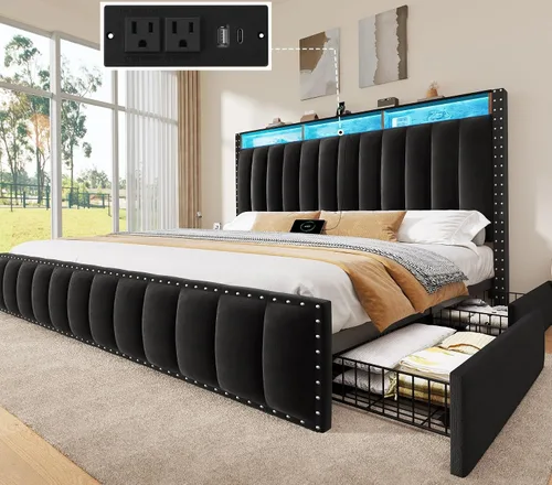 Vista 11 de YITAHOME Queen Size Bed Frame with 4 Storage Drawers and RGB LED Lights Negro