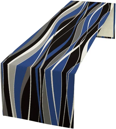 Vista 25 de Camino de mesa abstracto azul y gris, arte moderno, vintage, de arpillera oscura, camino de cena para granja, cabaña, café, cocina, comedor, fiesta