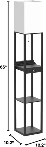 Vista 9 de Lámparas de pie para sala de estar, lámpara de pie alta con estantes y cajón, 2 puertos de carga USB y 2 tomas de corriente, bombilla LED brillante