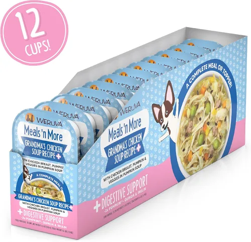 Vista 2 de Weruva Meals 'n More Alimento Húmedo Natural para Perros, Sopa de Pollo de la Abuela Más Apoyo Digestivo, Taza de 3.5oz (Paquete de 12)
