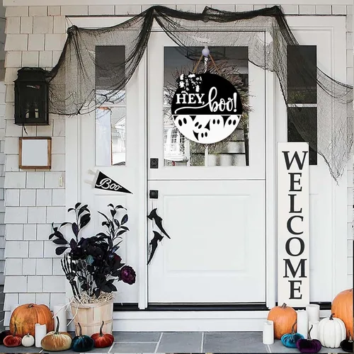Vista 4 de Letrero de Puerta de Halloween Decoración de Fantasma - Hey Boo Decoración de Pared Espeluznante - Decoraciones Colgantes de Puerta Delantera