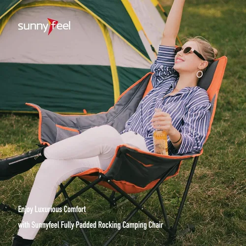 Vista 4 de SUNNYFEEL Silla de campamento con calefacción, mecedora de gran tamaño para adultos, 500 libras, silla de césped plegable con acolchado reclinable