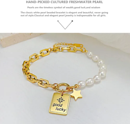 Vista 6 de Pulsera para mujer, delicadas pulseras de perlas, pulseras de perlas con dijes de acero inoxidable