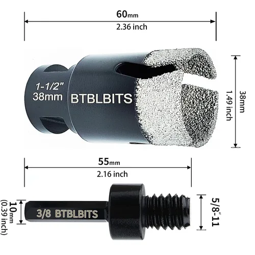 Vista 2 de Broca de núcleo de diamante seco de 1-1/2 pulgadas para azulejos de 1.496 in, adaptador de vástago hexagonal de 3/8 pulgadas, rosca 5/8-11