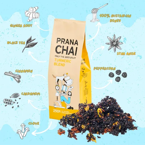 Vista 4 de Prana Chai Paquete de iniciación de 2 bolsas Chai Lovers que incluye tetera Chai, colador de malla fina y 2 bolsas de mezcla Masala totalmente