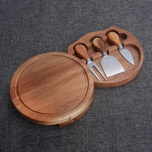 Vista 3 de Tabla redonda de madera de acacia para servir queso y juego de 3 herramientas de queso, 7.5 pulgadas de diámetro, ideal para bodas, cumpleaños