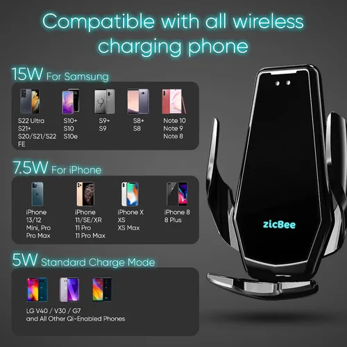 Vista 4 de Cargador inalámbrico de coche de 15 W - zicBee Qi soporte de teléfono de sujeción automática de carga rápida para iPhone 15 14 13 12 11