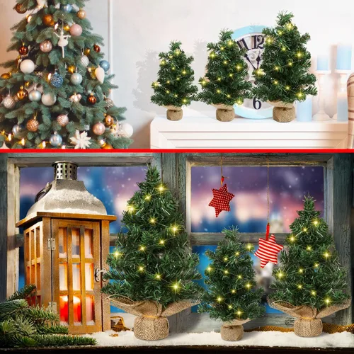 Vista 5 de Shappy 3 piezas de mini árbol de Navidad con luz preiluminada, árbol de Navidad artificial de mesa LED en miniatura con base de lino