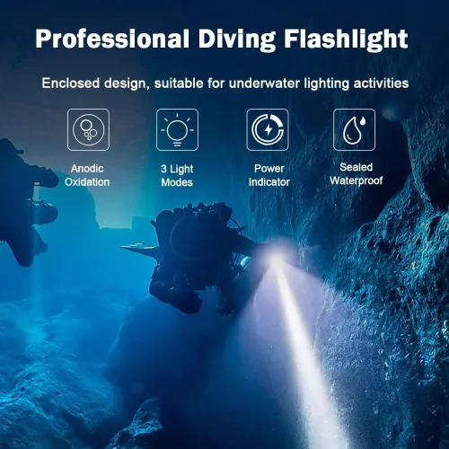 Vista 2 de Linterna de buceo de 10000 lúmenes, luz de buceo IPX8, impermeable, recargable, 3 modos, linterna submarina, linterna LED submarina profesional