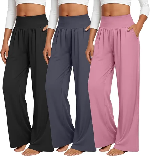 Vista 143 de Neer - Conjunto de 3 pantalones de yoga de pierna ancha para mujer - Pantalones deportivos cómodos, holgados, de cintura alta y casuales