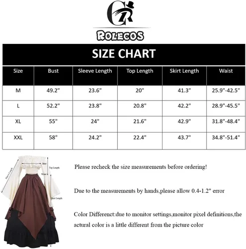 Vista 5 de CR ROLECOS Disfraz renacentista para mujer, vestido medieval campesino, manga trompeta, camisa y falda victoriana