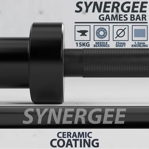 Vista 2 de Synergee Games Barras olímpicas recubiertas de cerámica de 15 kg y 20 kg en color. Estimadas en 1500 libras para levantamiento de pesas y potencia.