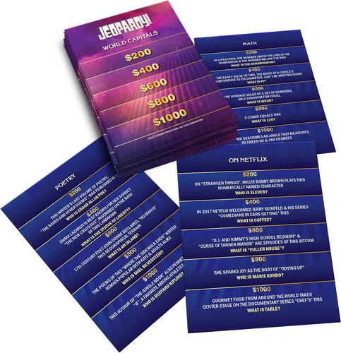 Vista 2 de Jeopardy! Juego de cartas Jumbo Deluxe de Estados Unidos, juego de preguntas y respuestas de movimiento rápido, juega en casa con amigos, familia
