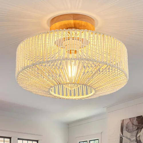 Vista 14 de Lámpara de Techo de Ratán Boho - Mini Candelabro de Montaje Empotrado Accesorio de Luz Tejido para Dormitorio, Pasillo, Entrada, Baño, Guardería