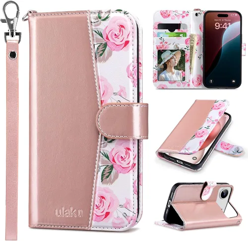 Vista 49 de ULAK Funda tipo billetera compatible con iPhone 15 para mujeres, funda tipo cartera con estampado floral de piel PU premium con porta tarjetas