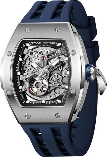 Vista 33 de Tsar Bomba Men's Automatic Watch Tonneau Luxury Skeleton Watch for Men Mechanical 50M Waterproof Wristwatch Gift for Men 08tc-whi
