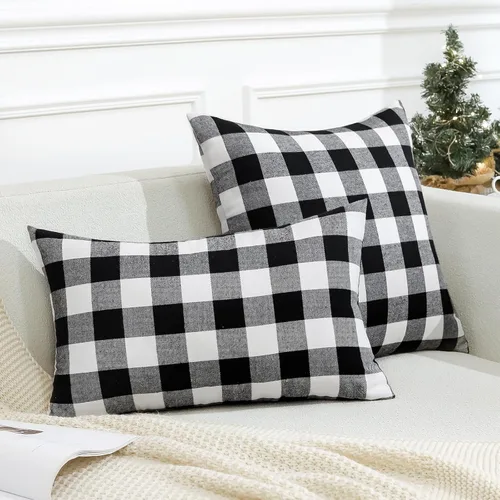 Vista 3 de OTOSTAR Paquete de 2 fundas de almohada decorativas de cuadros búfalo navideños de 12x20 pulgadas, lino clásico estilo granja, fundas de cojín