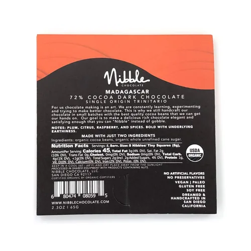 Vista 3 de Nibble Chocolate Madagascar 72% Paquete de 3 Certificado orgánico Vegano 2 ingredientes Sin gluten y soja