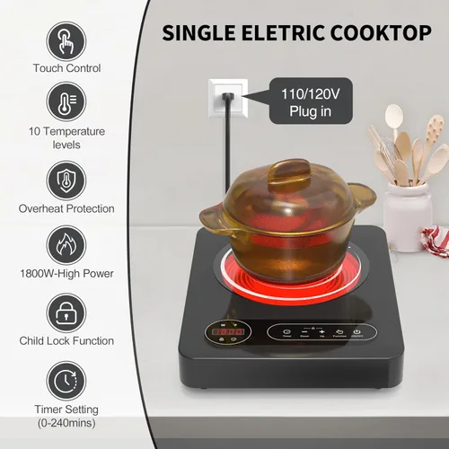 Vista 4 de VBGK Cocina eléctrica de un solo quemador, estufa eléctrica de 110 V 1800 W con control táctil LED, 10 niveles de potencia, temporizador de 4 horas