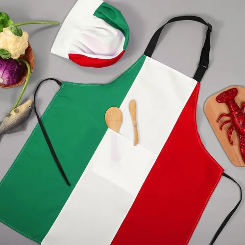 Vista 5 de SATINIOR - Delantal italiano y sombrero de chef para mujeres y hombres, disfraz italiano, babero de tela, delantal de bandera de Italia