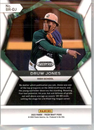 Vista 2 de 2022 Panini Prizm Draft Picks Brilliance #2 Druw Jones RC Rookie High School Baseball Trading Card