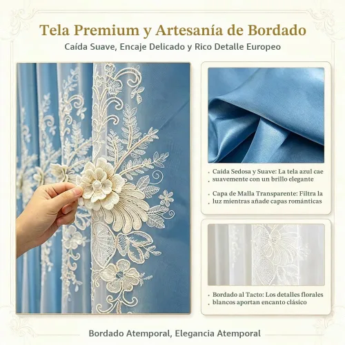 Vista 5 de Amidoudou 1 par de cortinas europeas de lujo con cenefa para sala de estar, dormitorio, cortinas bordadas de doble capa (azul, 52 x 84 pulgadas)