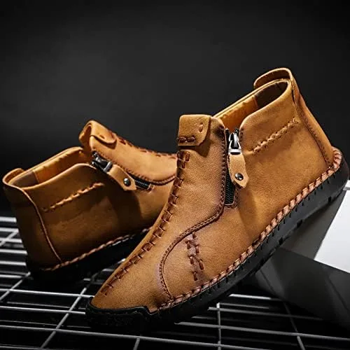 Vista 2 de Govicta Zapatos casuales de cuero para hombre, botines chukka sin cordones, mocasines ligeros de media parte superior para caminar, zapatos