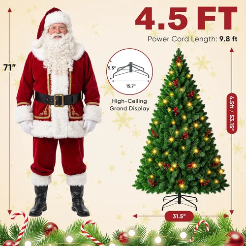 Vista 10 de NEWBULIG Árbol de Navidad preiluminado de 4.5 pies con bayas rojas Verde