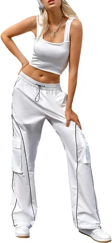 Vista 2 de KMBANGI Pantalones de paracaídas para mujer, holgados Y2k, pantalones deportivos con cintura elástica, rayas laterales, pantalones deportivos