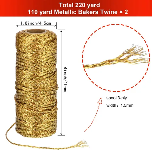 Vista 2 de Pangda 2 Rollos 200 Metros Cordel de Navidad Metálico para Panaderos, Cordel Decorativo para Envolver Regalos, Cordel para Manualidades, Cordel