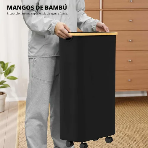 Vista 8 de SpaceAid Cesta de lavandería delgada con ruedas y tapa, cesta de ropa estrecha rodante de 62 litros con mango de bambú, canasta grande para ropa