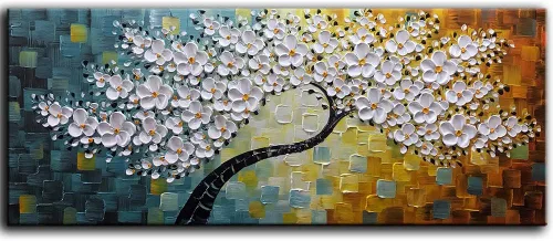 Vista 17 de YaSheng Art - Pintura al óleo de arte contemporánea hecha a mano de flores blancas en lienzo con textura 3D, pinturas de árbol abstractas