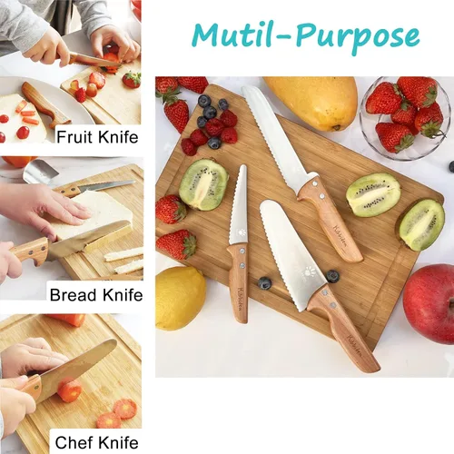 Vista 5 de Kibbidea Cuchillos seguros para niños con pelador, juego de cocina para niños sin BPA para cocina real, juego de cuchillos infantiles de acero