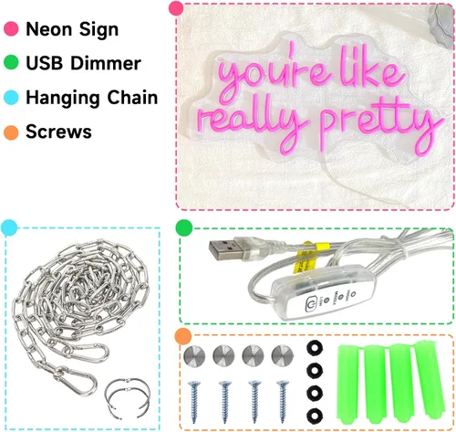 Vista 8 de Letrero de neón con texto en inglés "You're Like Really Pretty Neon", luces de neón rosas para dormitorio, regulables, para decoración de pared