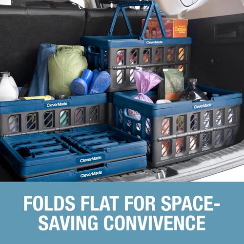 Vista 3 de CleverMade - Cestas de compras plegables con asas, 24 litros, paquete de 3, color océano
