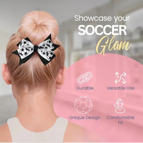 Vista 2 de Sportybella - Juego de accesorios para el cabello de fútbol: adorables impresiones de balón de fútbol en blanco y negro, lazos para el cabello